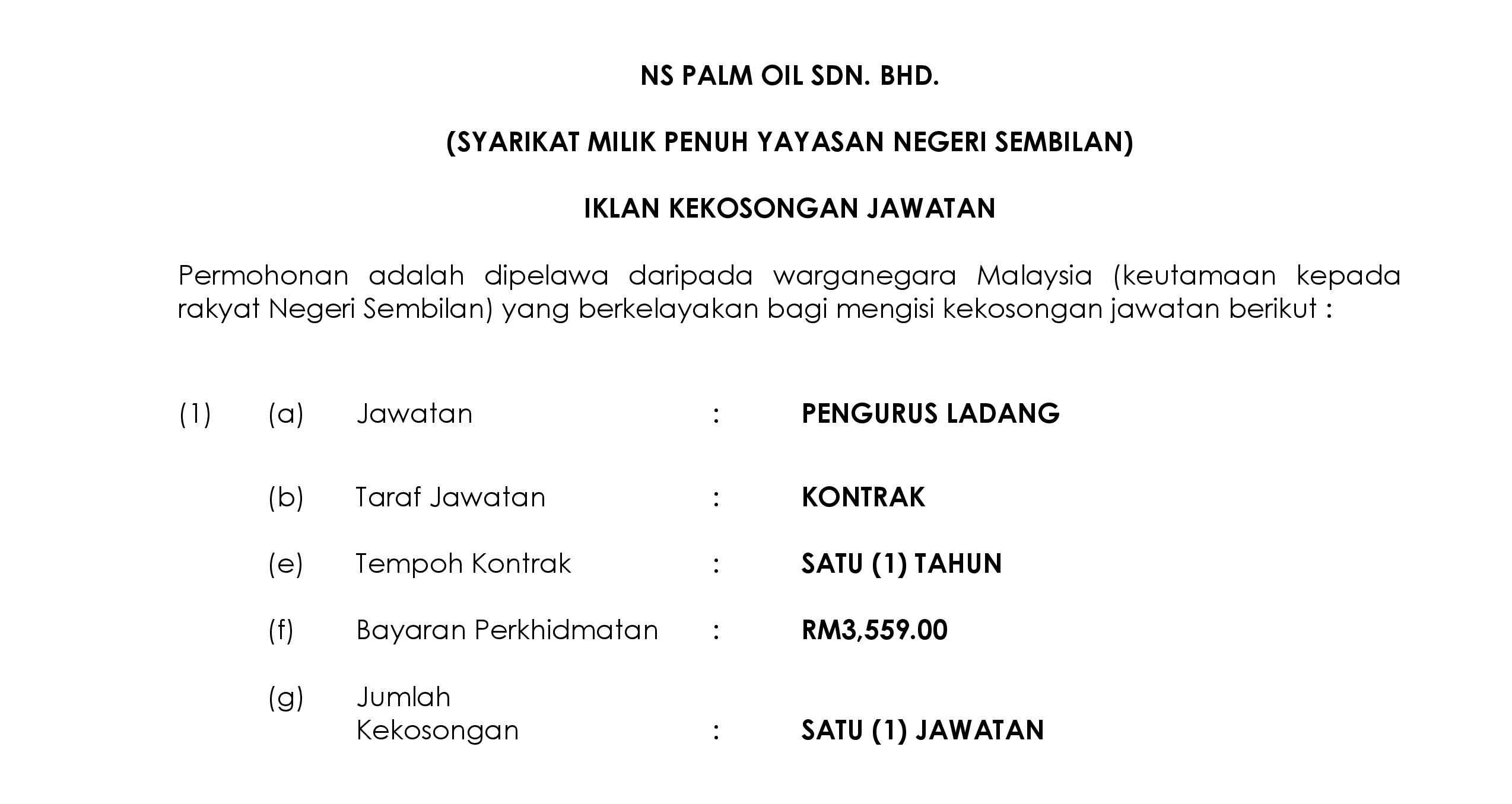 Iklan Jawatan (Pengurus Ladang) NS Palm Oil Sdn. Bhd.